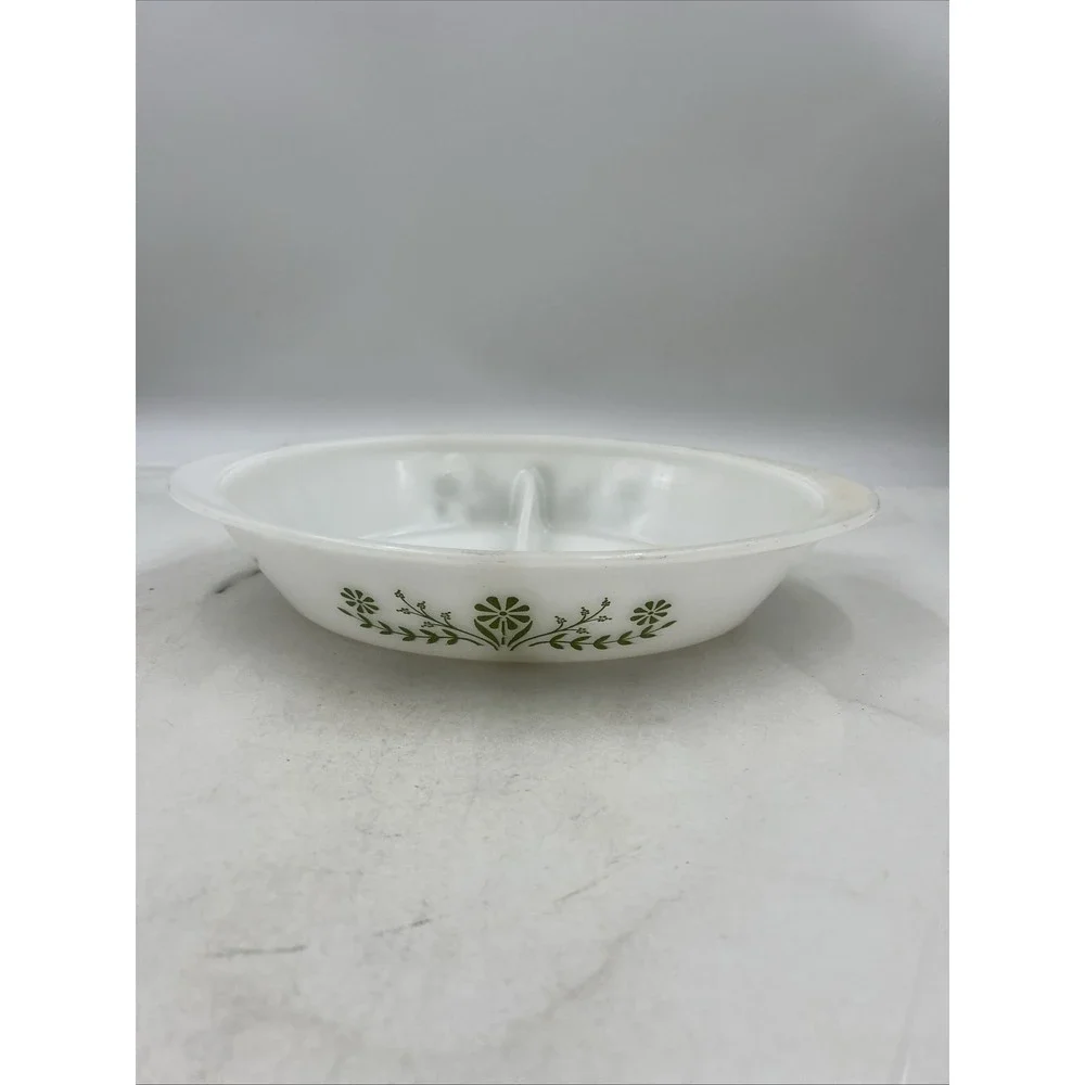 Vintage Glasbake Casserole Dish Milk Glass Divided Green Daisy Pattern J2352